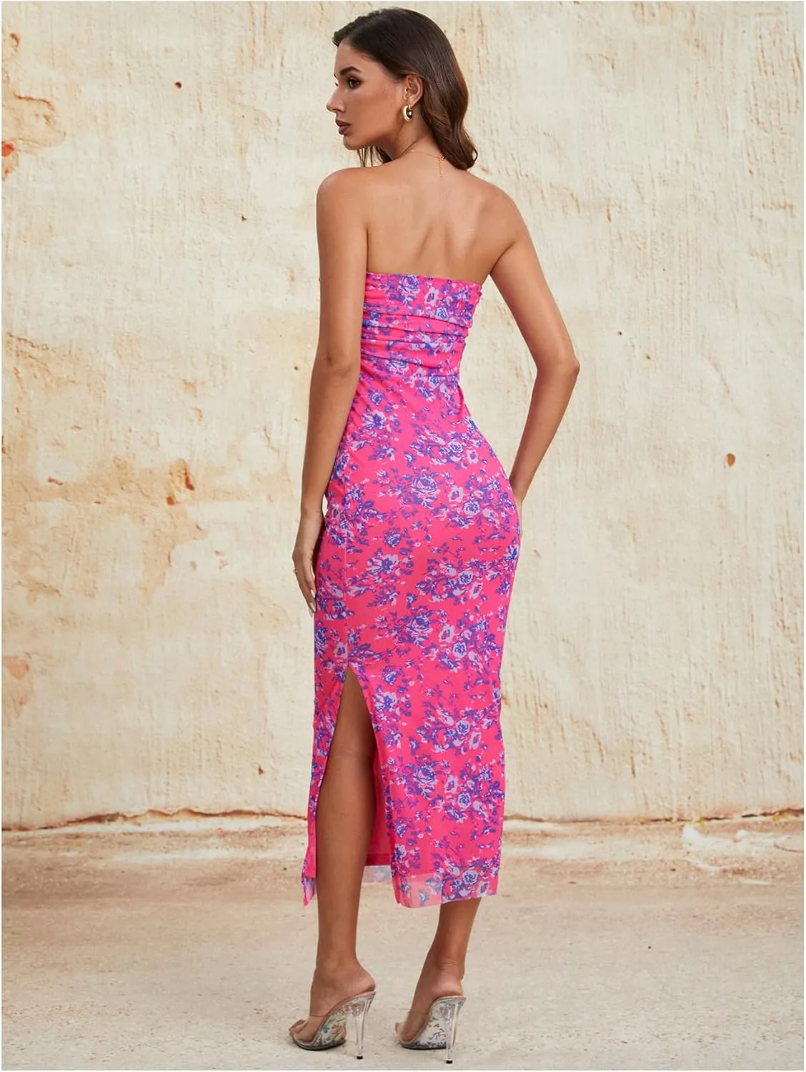 Milumia Women's Summer Disty Floral Bodycon Maxi Dress Boho Strapless Mesh Tube Dresses