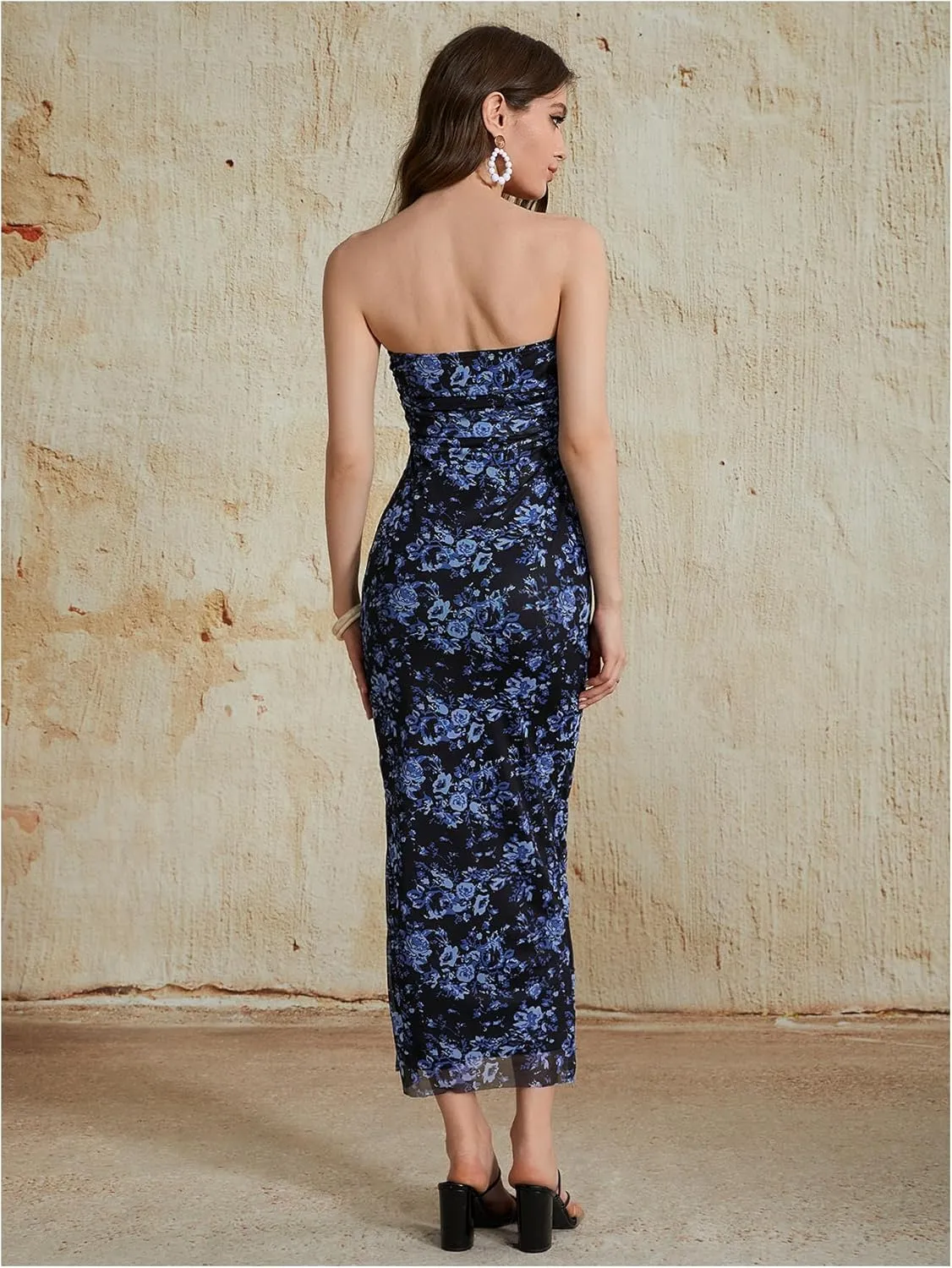 Milumia Women's Summer Disty Floral Bodycon Maxi Dress Boho Strapless Mesh Tube Dresses