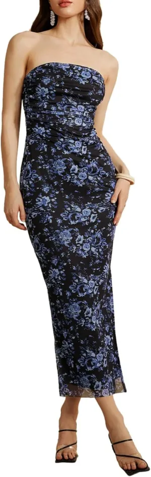 Milumia Women's Summer Disty Floral Bodycon Maxi Dress Boho Strapless Mesh Tube Dresses