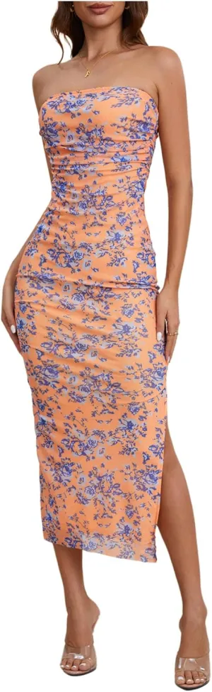 Milumia Women's Summer Disty Floral Bodycon Maxi Dress Boho Strapless Mesh Tube Dresses