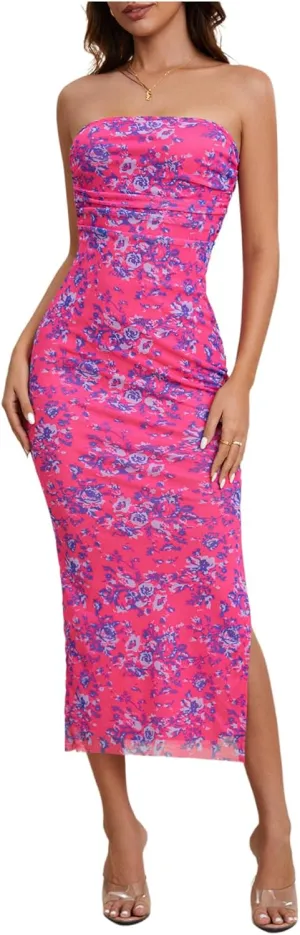 Milumia Women's Summer Disty Floral Bodycon Maxi Dress Boho Strapless Mesh Tube Dresses