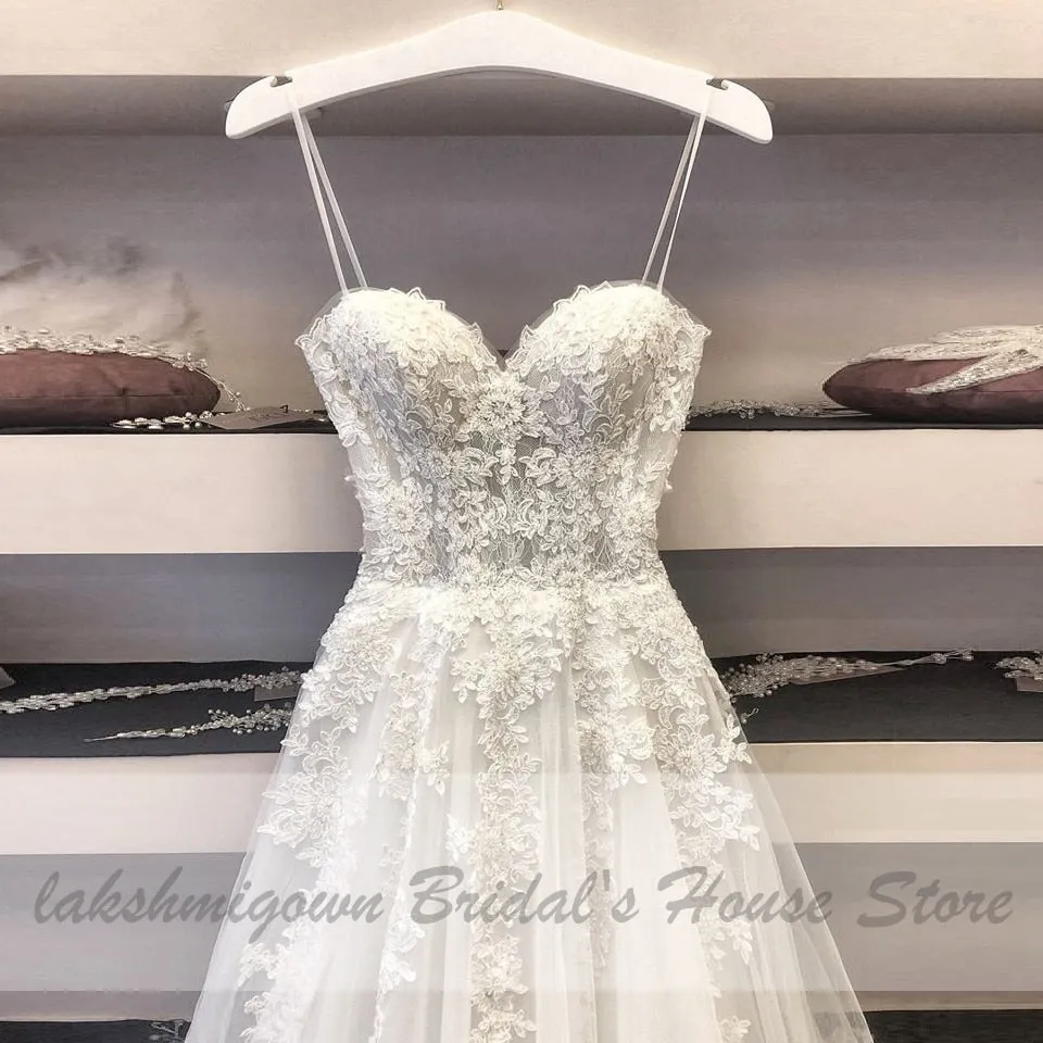 NumberSea 2021 Trouwjurk Sexy A Line Wedding Dress Spaghetti Straps Vintage Lace Applique Beaded Off White Tulle Mariage Long Bridal Dress