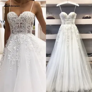 NumberSea 2021 Trouwjurk Sexy A Line Wedding Dress Spaghetti Straps Vintage Lace Applique Beaded Off White Tulle Mariage Long Bridal Dress
