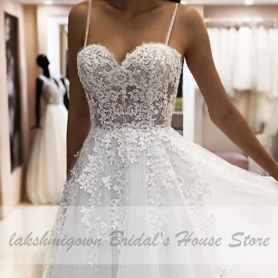NumberSea 2021 Trouwjurk Sexy A Line Wedding Dress Spaghetti Straps Vintage Lace Applique Beaded Off White Tulle Mariage Long Bridal Dress