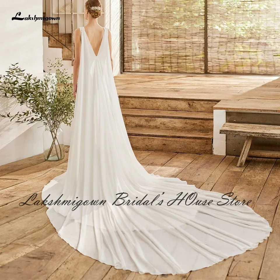 NumberSea Modest Bridal Robe Satin Wedding Dress Long Cape 2022 V neck Civil Boho Mermaid Wedding Gowns Front Split Lakshmigown