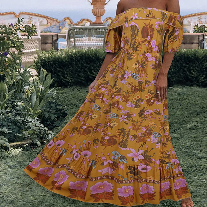 Off Shoulder Print Flapper Boho Dress