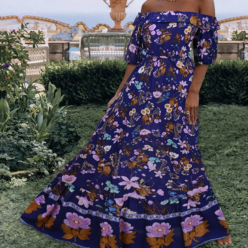 Off Shoulder Print Flapper Boho Dress