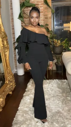 Off The Shoulder Wide Leg Ruffle Jumpsuit - Black