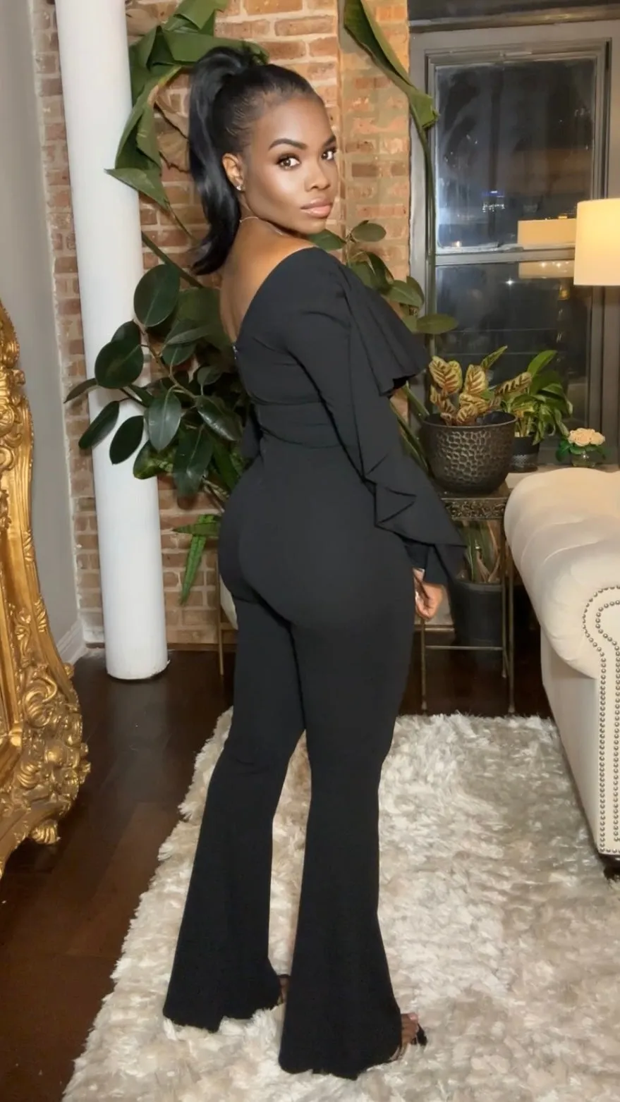 Off The Shoulder Wide Leg Ruffle Jumpsuit - Black