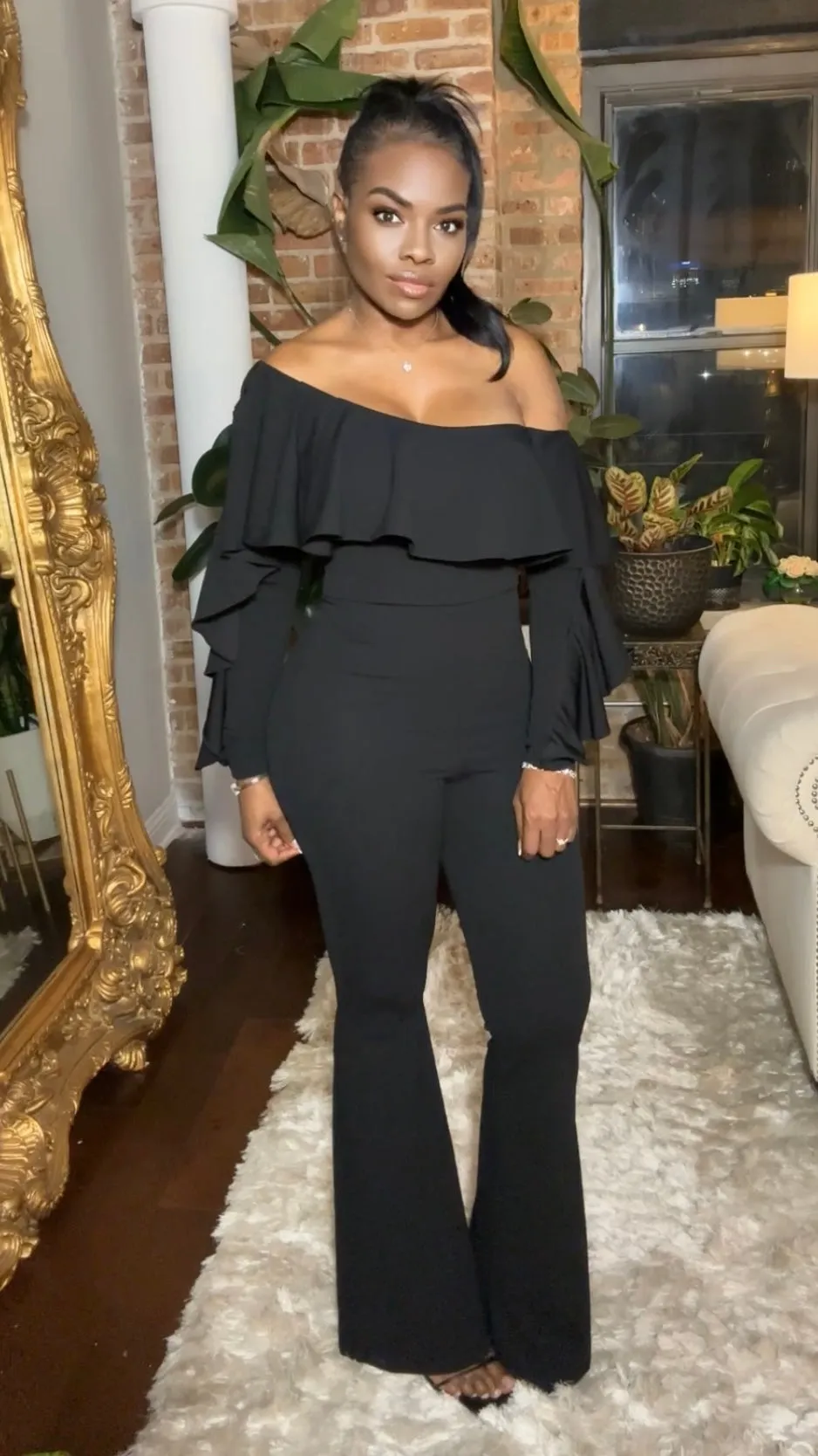 Off The Shoulder Wide Leg Ruffle Jumpsuit - Black