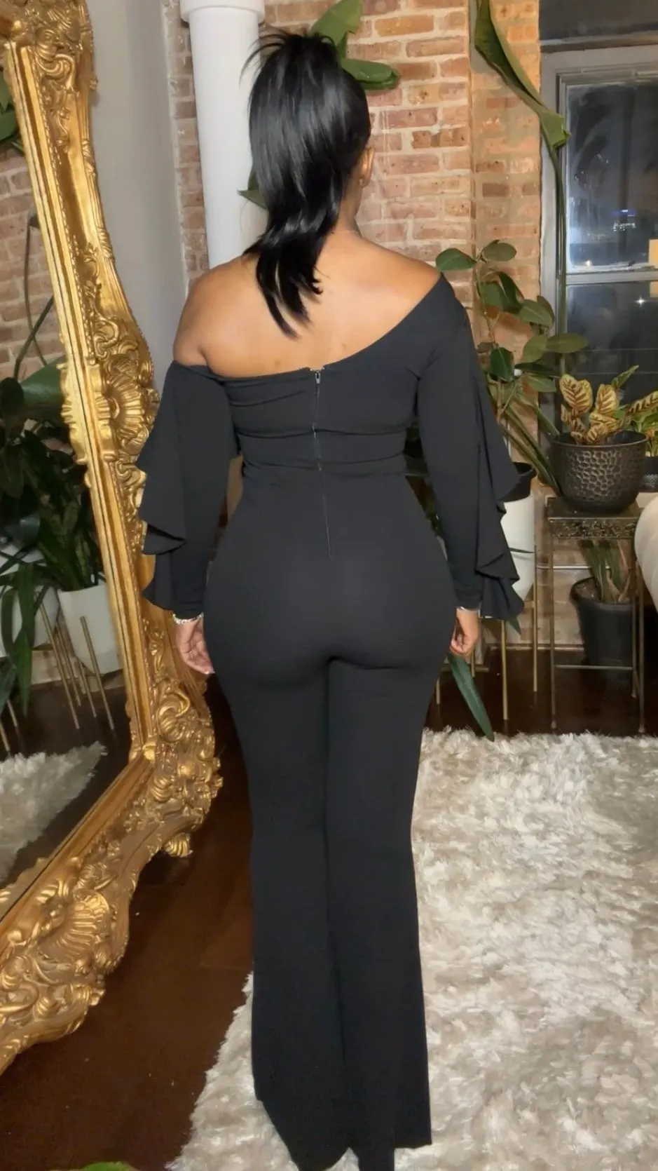 Off The Shoulder Wide Leg Ruffle Jumpsuit - Black