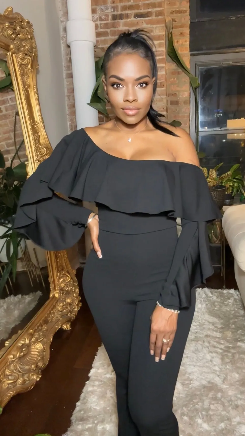 Off The Shoulder Wide Leg Ruffle Jumpsuit - Black