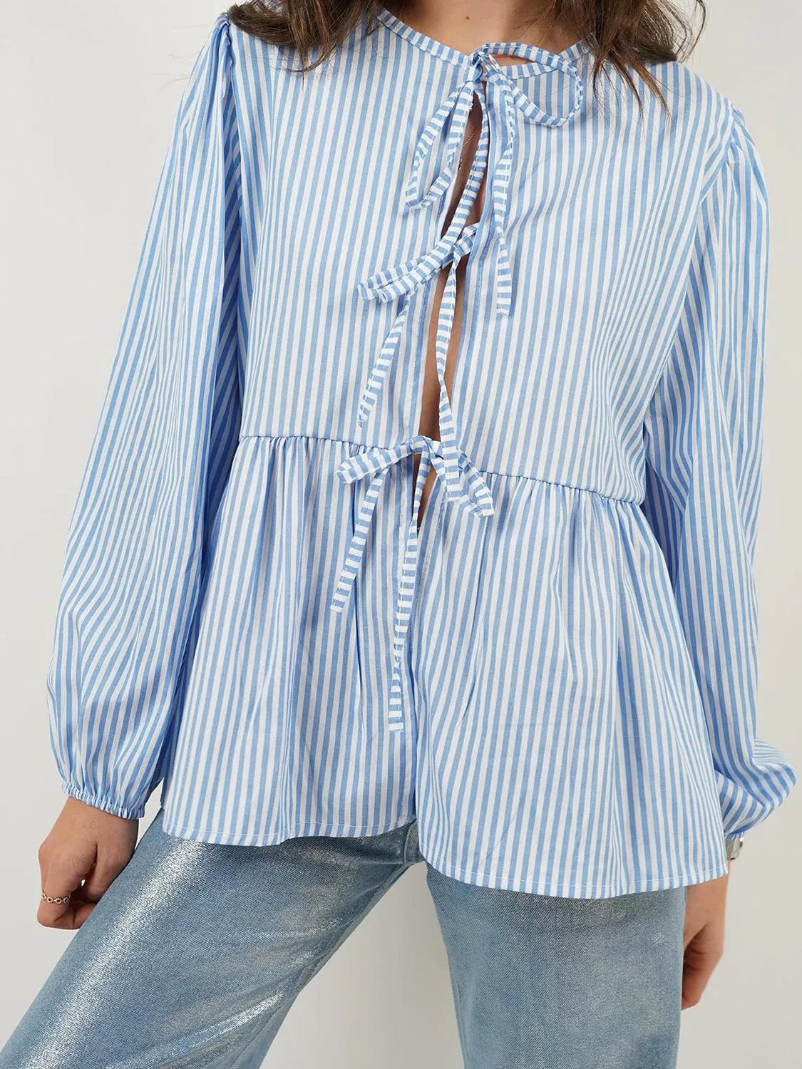 Open Tie-Front Long Sleeve Blouse