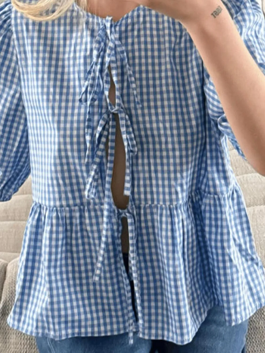 Open Tie-Front Long Sleeve Blouse