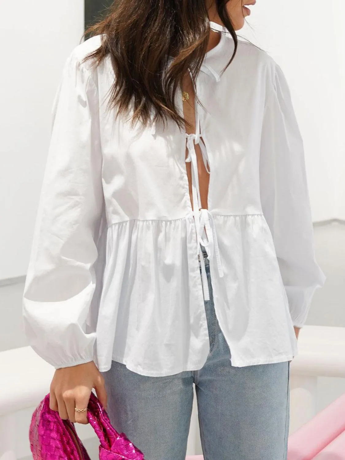 Open Tie-Front Long Sleeve Blouse