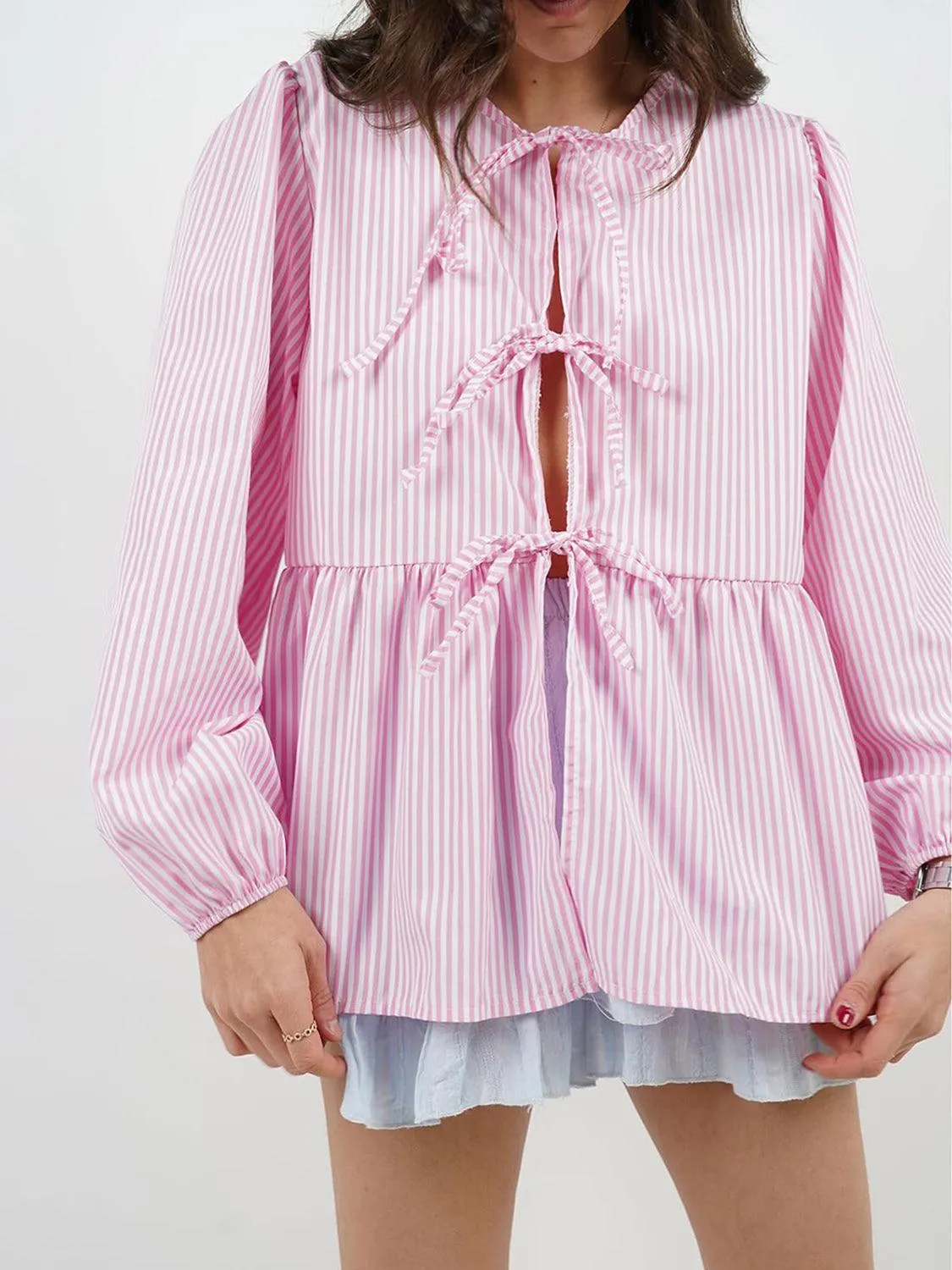 Open Tie-Front Long Sleeve Blouse