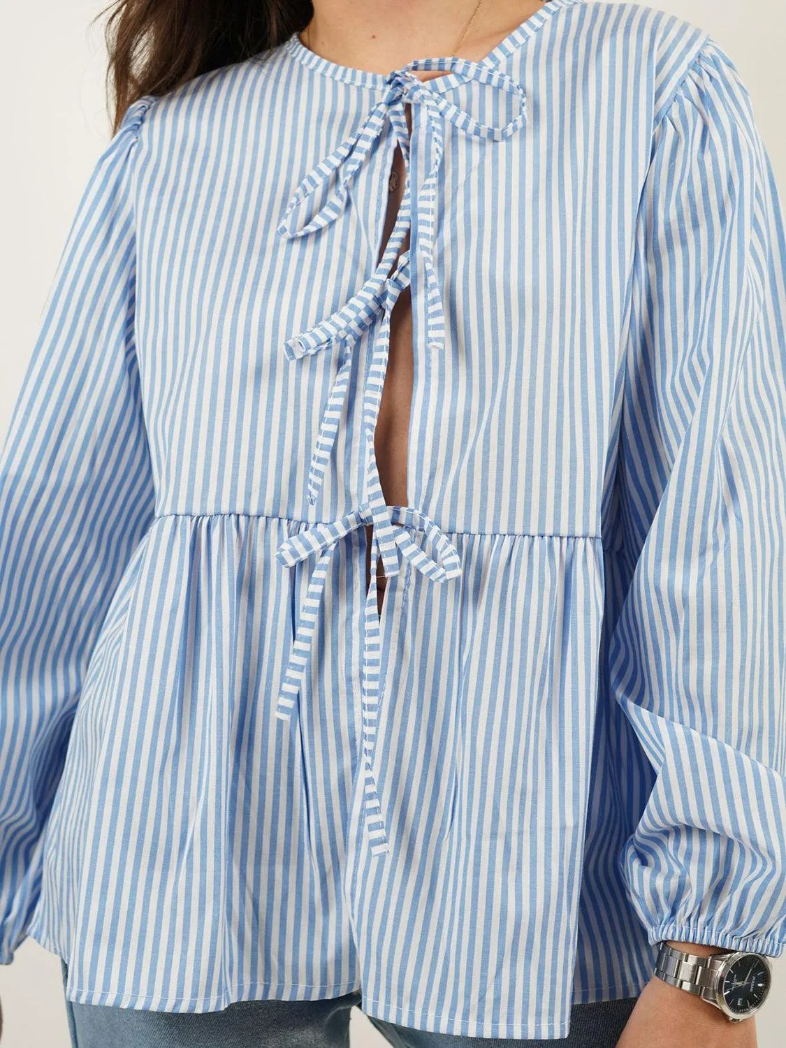 Open Tie-Front Long Sleeve Blouse