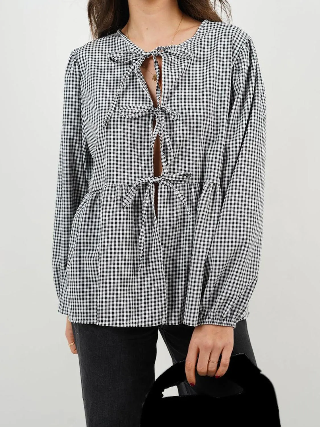 Open Tie-Front Long Sleeve Blouse