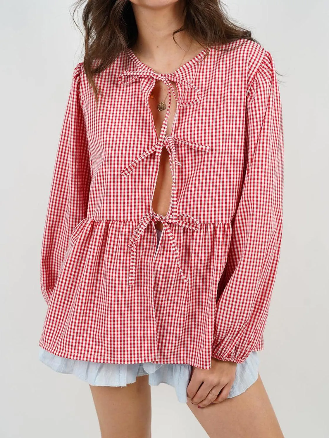 Open Tie-Front Long Sleeve Blouse