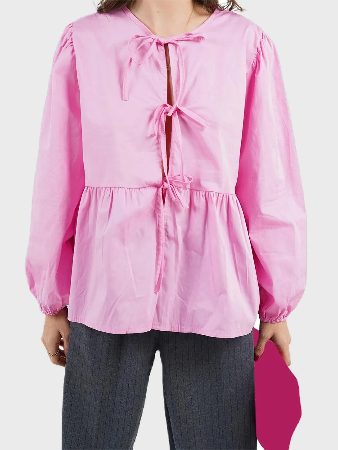 Open Tie-Front Long Sleeve Blouse