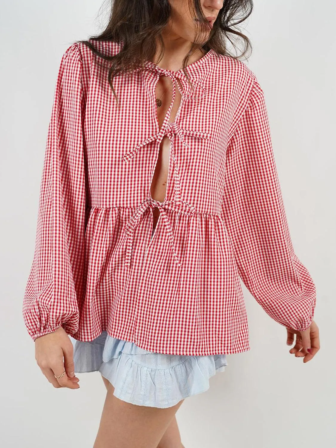 Open Tie-Front Long Sleeve Blouse