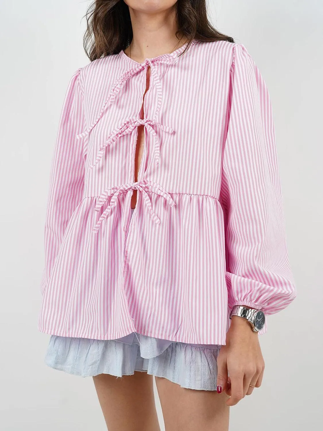 Open Tie-Front Long Sleeve Blouse
