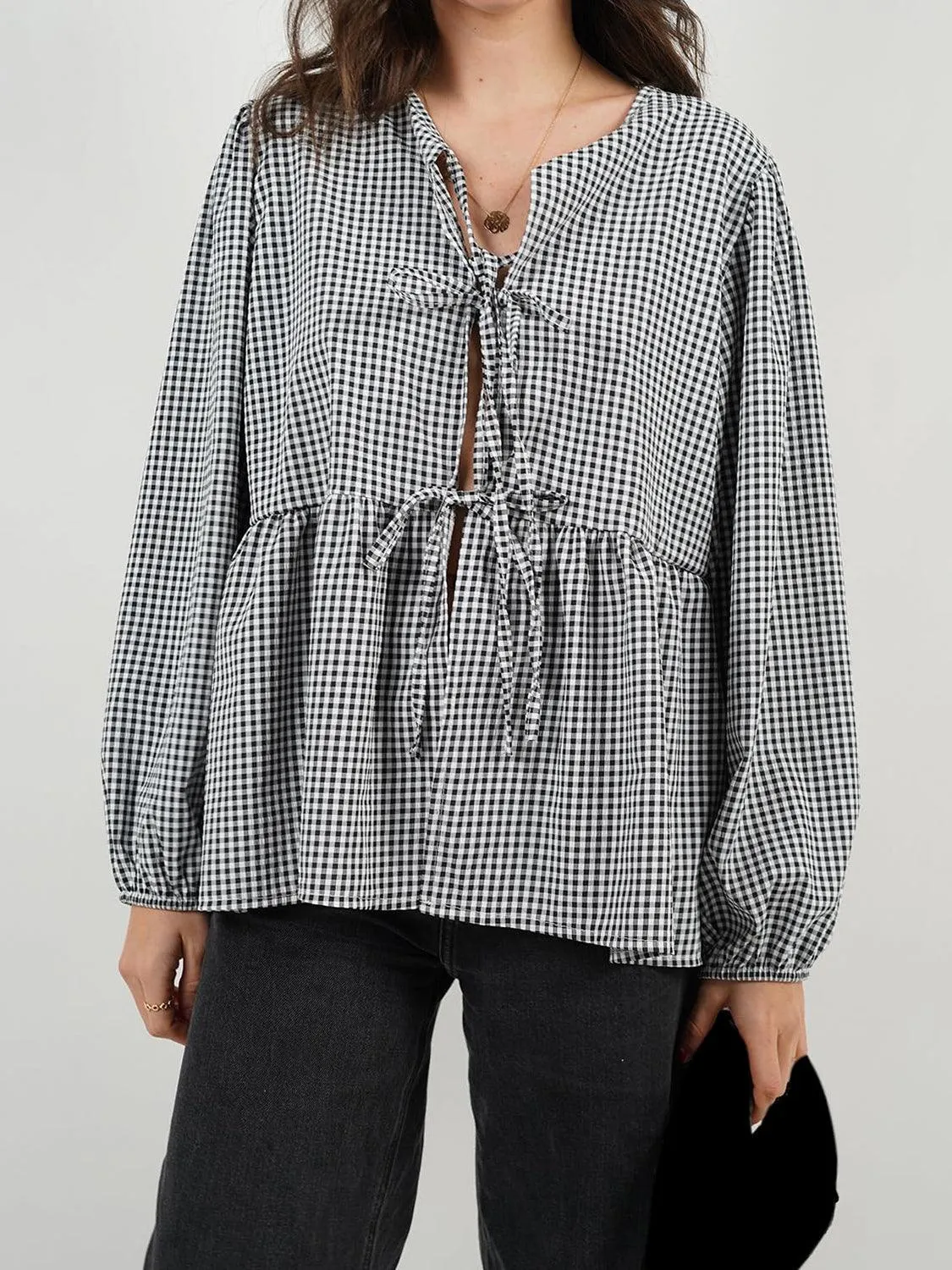 Open Tie-Front Long Sleeve Blouse