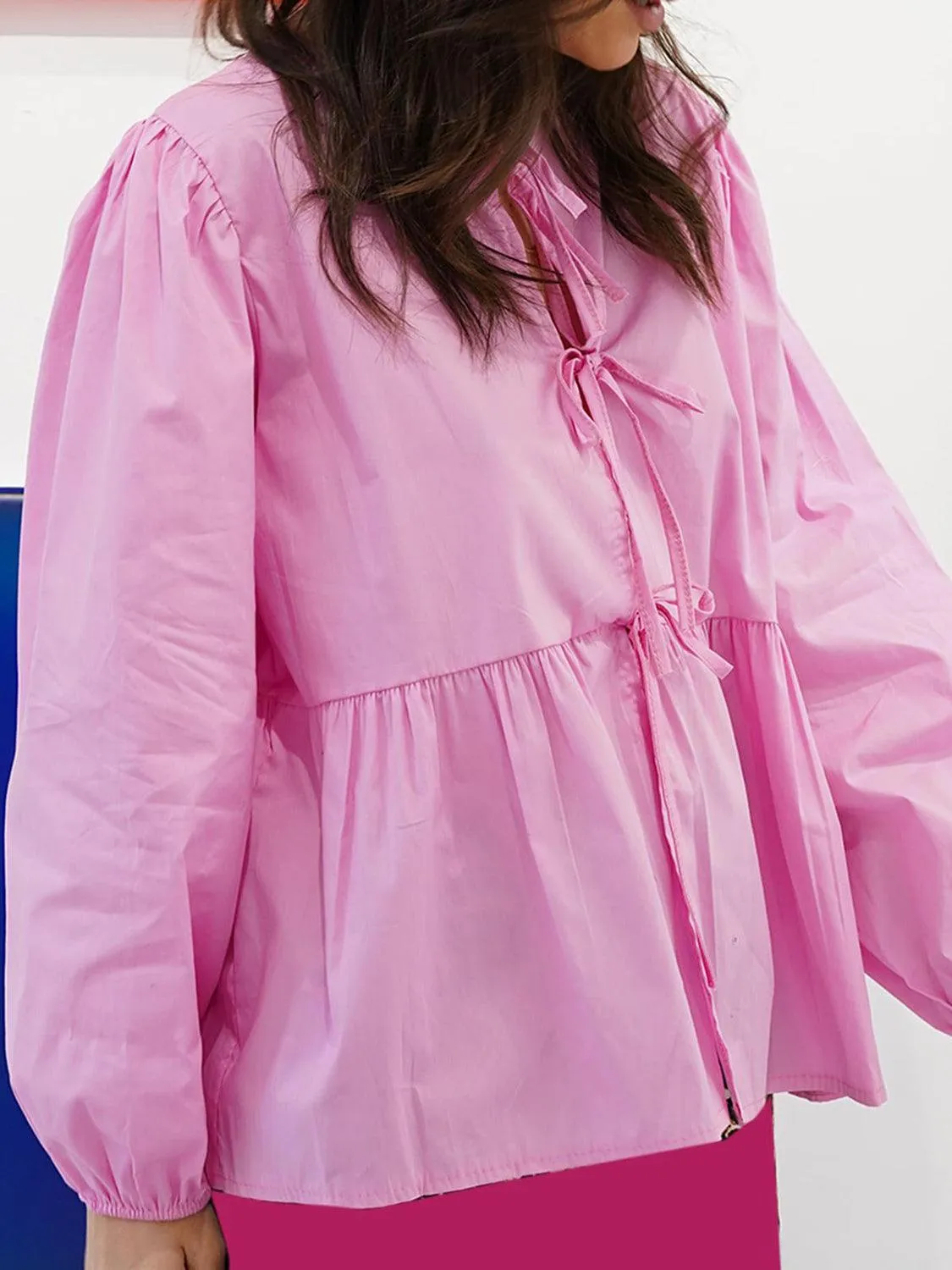 Open Tie-Front Long Sleeve Blouse