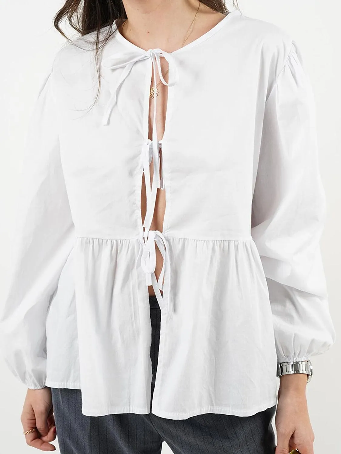 Open Tie-Front Long Sleeve Blouse