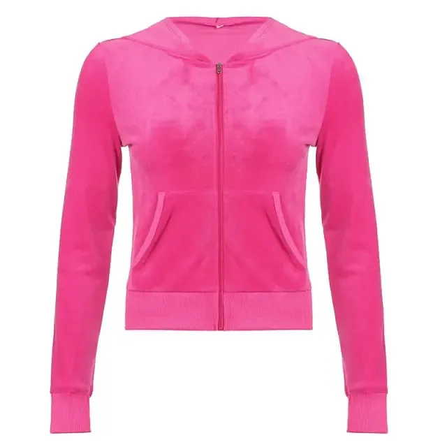 Pink Velvet Cropped Zip Up Hoodies Jacket