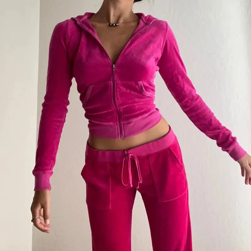 Pink Velvet Cropped Zip Up Hoodies Jacket
