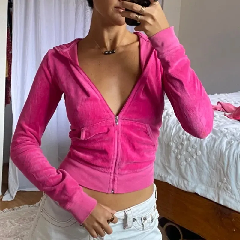 Pink Velvet Cropped Zip Up Hoodies Jacket