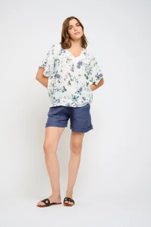 Pistache Linen V-Neck Top - Blue/Green Floral