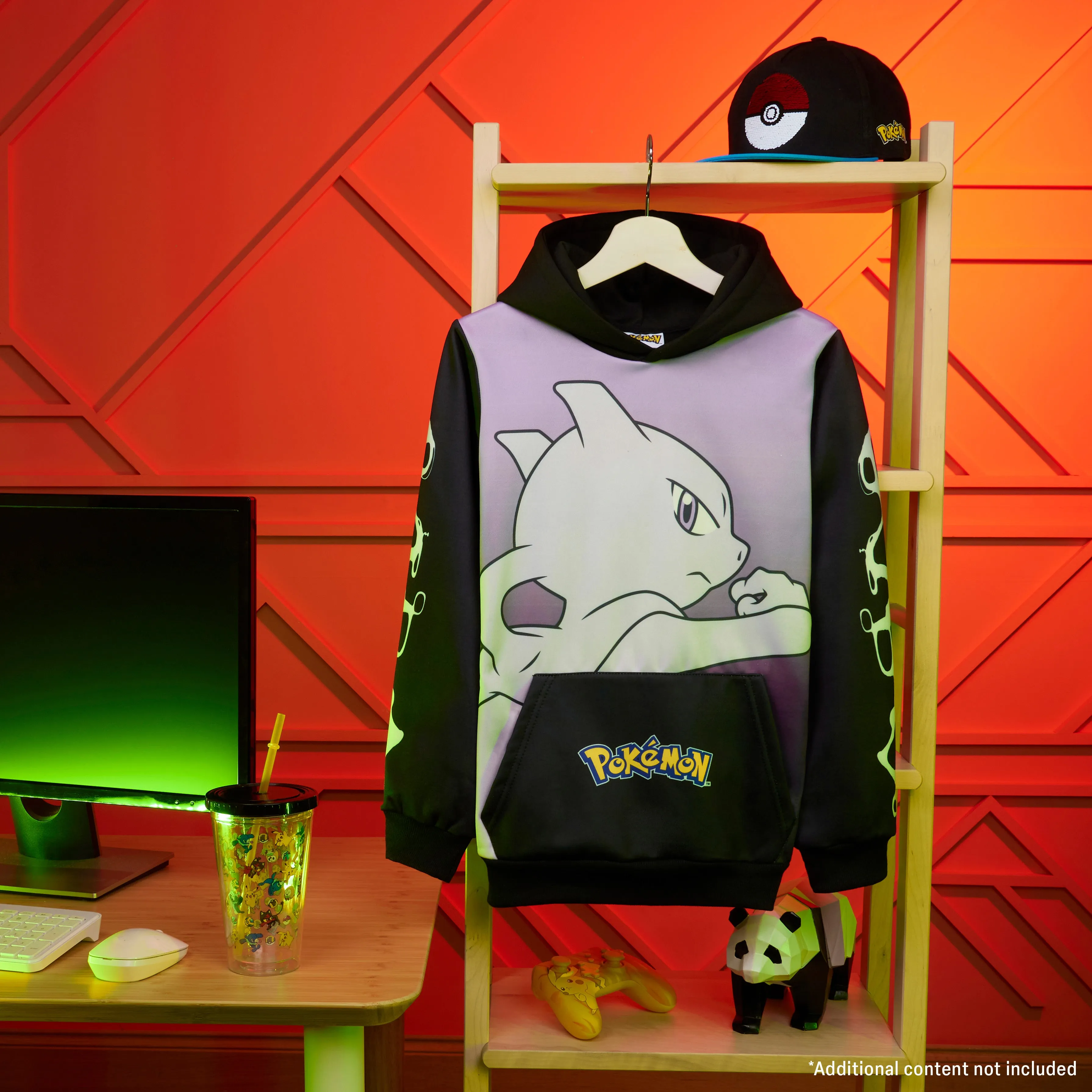 Pokemon Boys Hoodie with Cuffed Sleeves, Kangaroo Pocket - Black/Pink Mewtwo