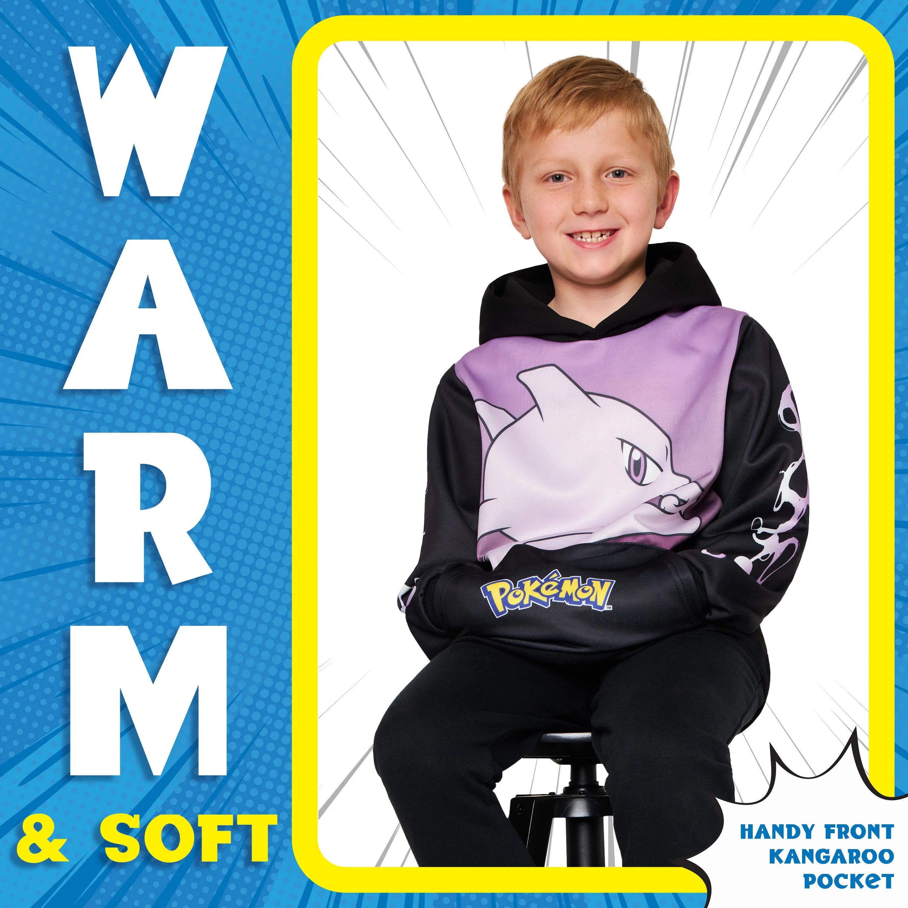 Pokemon Boys Hoodie with Cuffed Sleeves, Kangaroo Pocket - Black/Pink Mewtwo