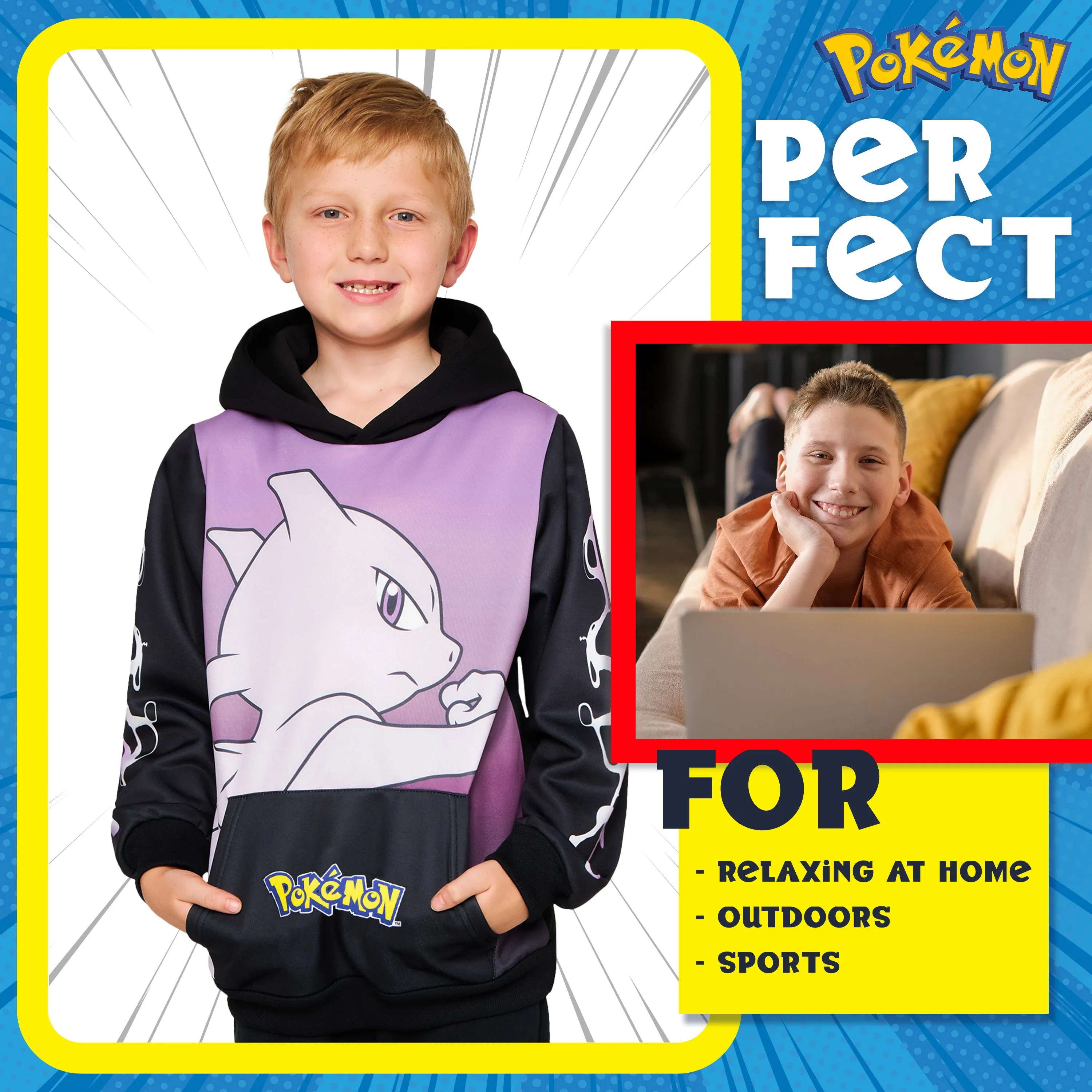 Pokemon Boys Hoodie with Cuffed Sleeves, Kangaroo Pocket - Black/Pink Mewtwo