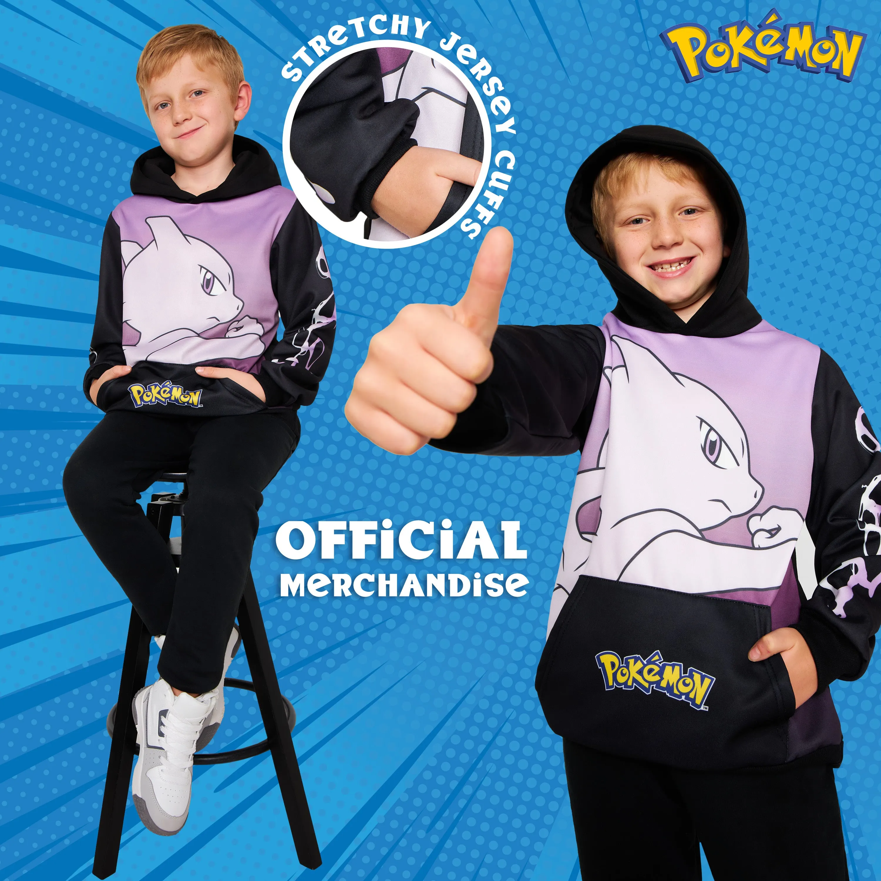 Pokemon Boys Hoodie with Cuffed Sleeves, Kangaroo Pocket - Black/Pink Mewtwo