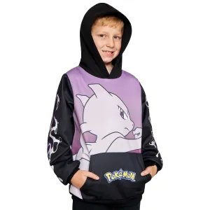Pokemon Boys Hoodie with Cuffed Sleeves, Kangaroo Pocket - Black/Pink Mewtwo