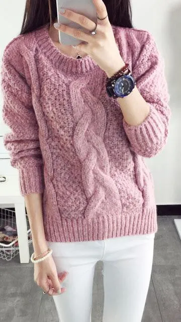 Pull over Loose Pure Color Long Sleeve Sweater