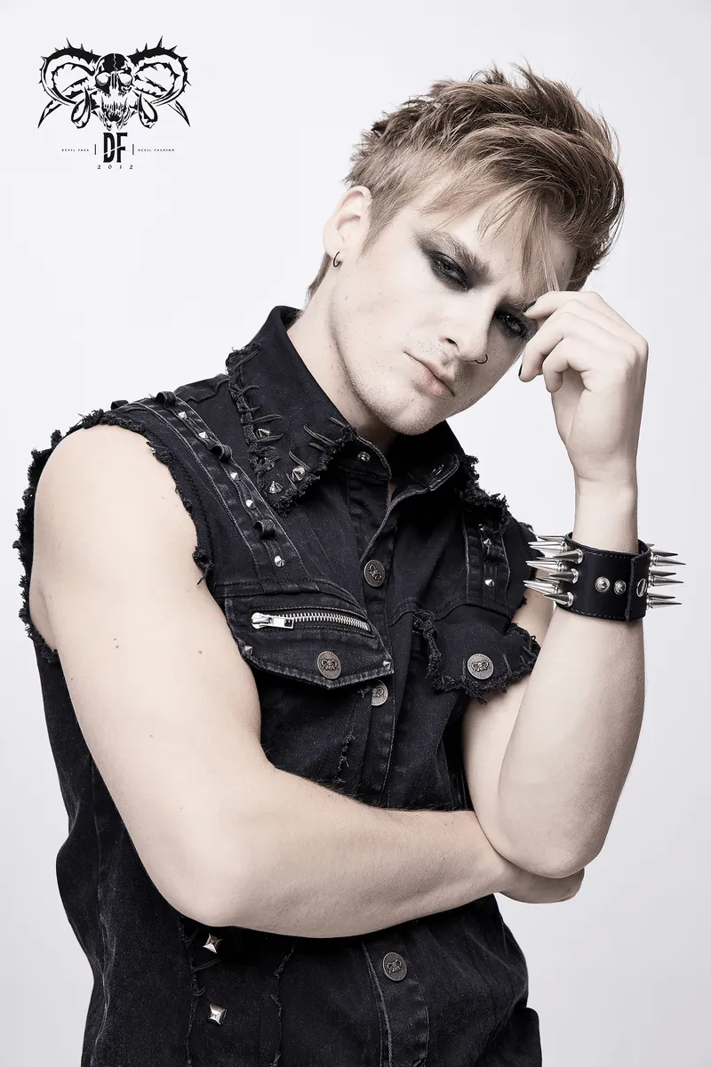 Punk Denim Sleeveless Vest with Pockets / Black Buttons Waistcoat in Alternative Style