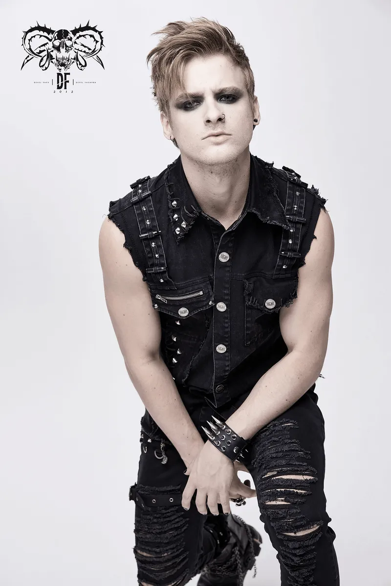 Punk Denim Sleeveless Vest with Pockets / Black Buttons Waistcoat in Alternative Style
