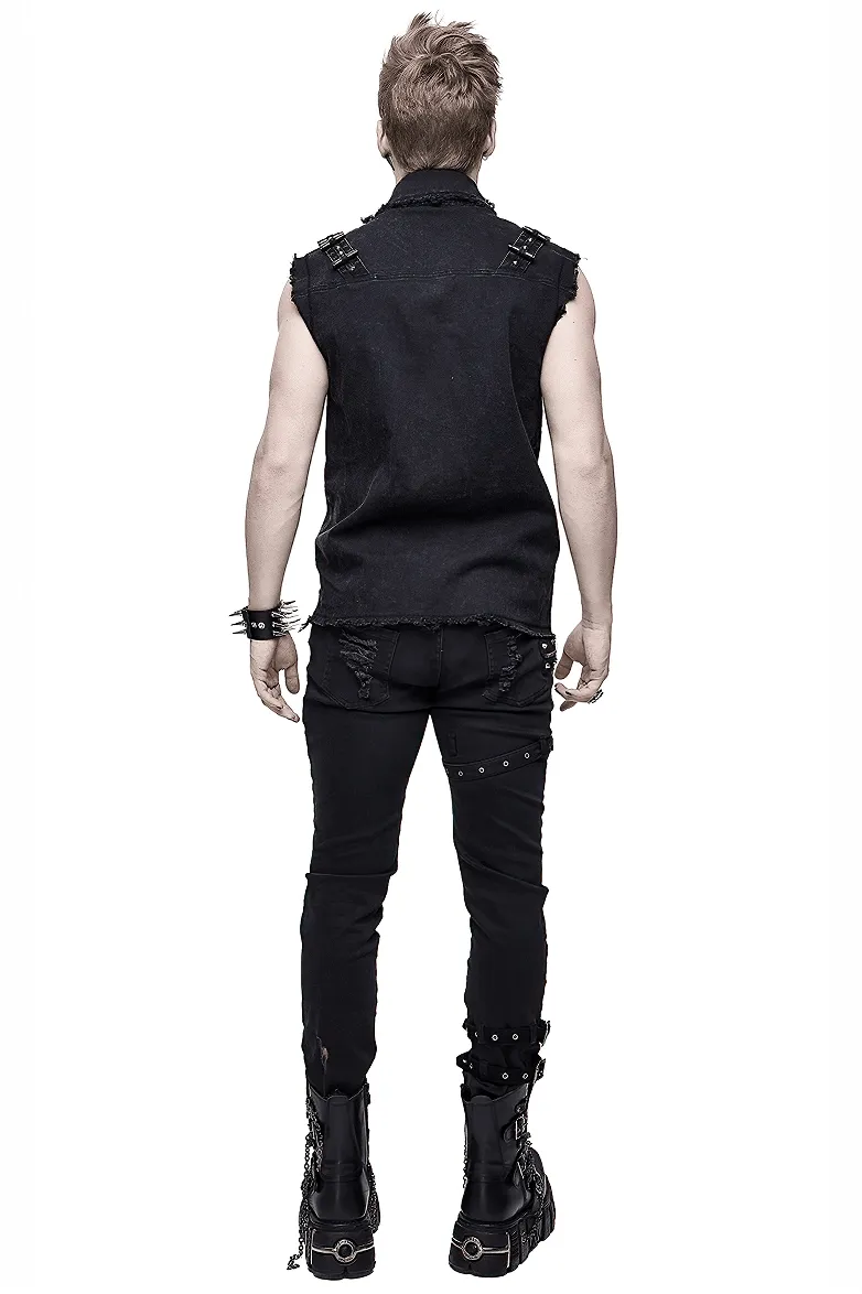 Punk Denim Sleeveless Vest with Pockets / Black Buttons Waistcoat in Alternative Style