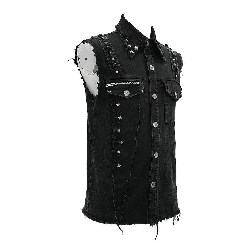 Punk Denim Sleeveless Vest with Pockets / Black Buttons Waistcoat in Alternative Style