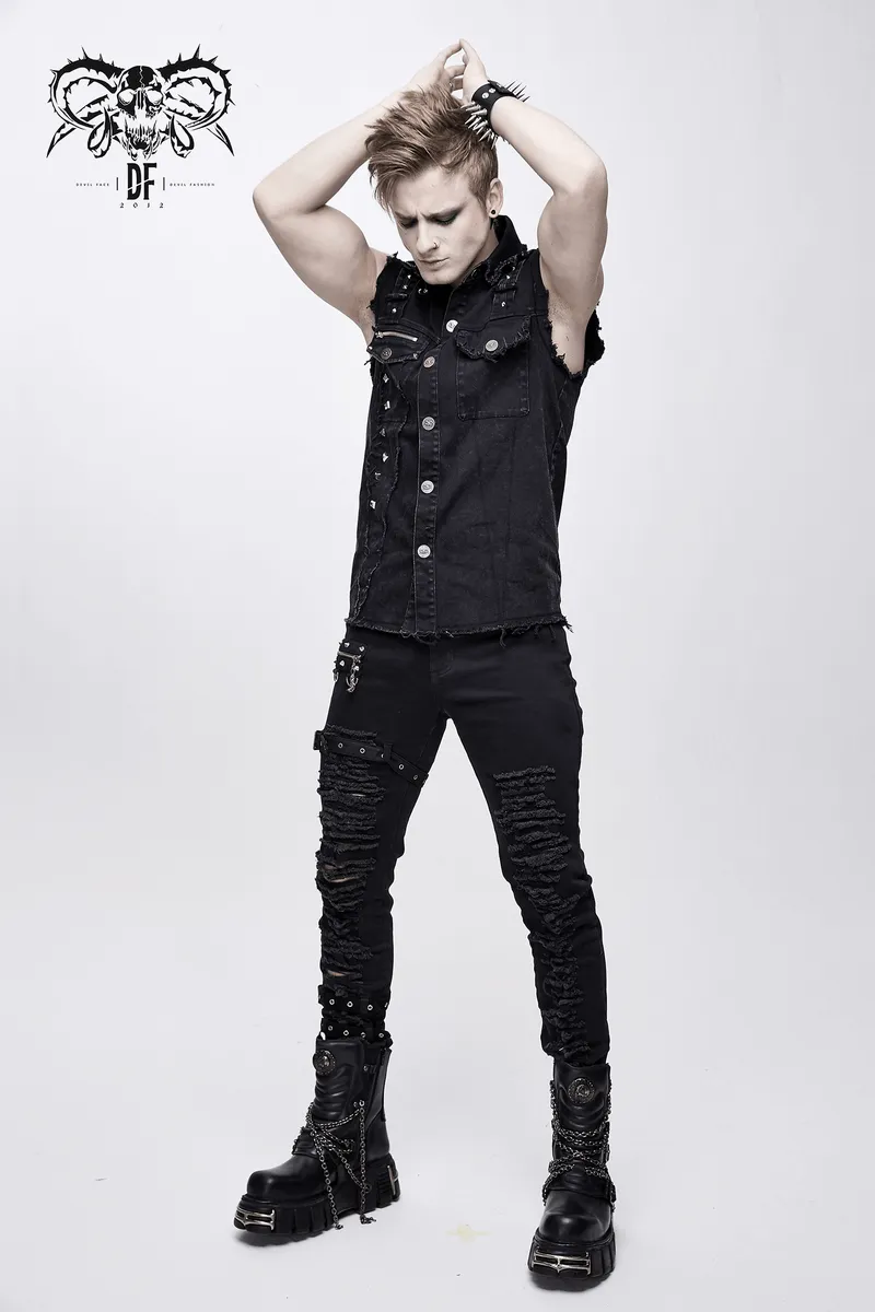 Punk Denim Sleeveless Vest with Pockets / Black Buttons Waistcoat in Alternative Style