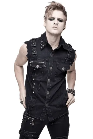 Punk Denim Sleeveless Vest with Pockets / Black Buttons Waistcoat in Alternative Style