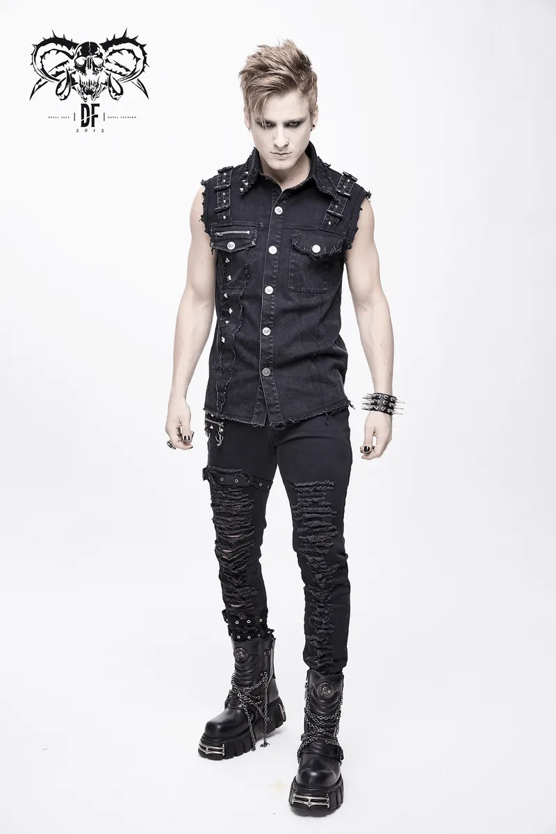 Punk Denim Sleeveless Vest with Pockets / Black Buttons Waistcoat in Alternative Style