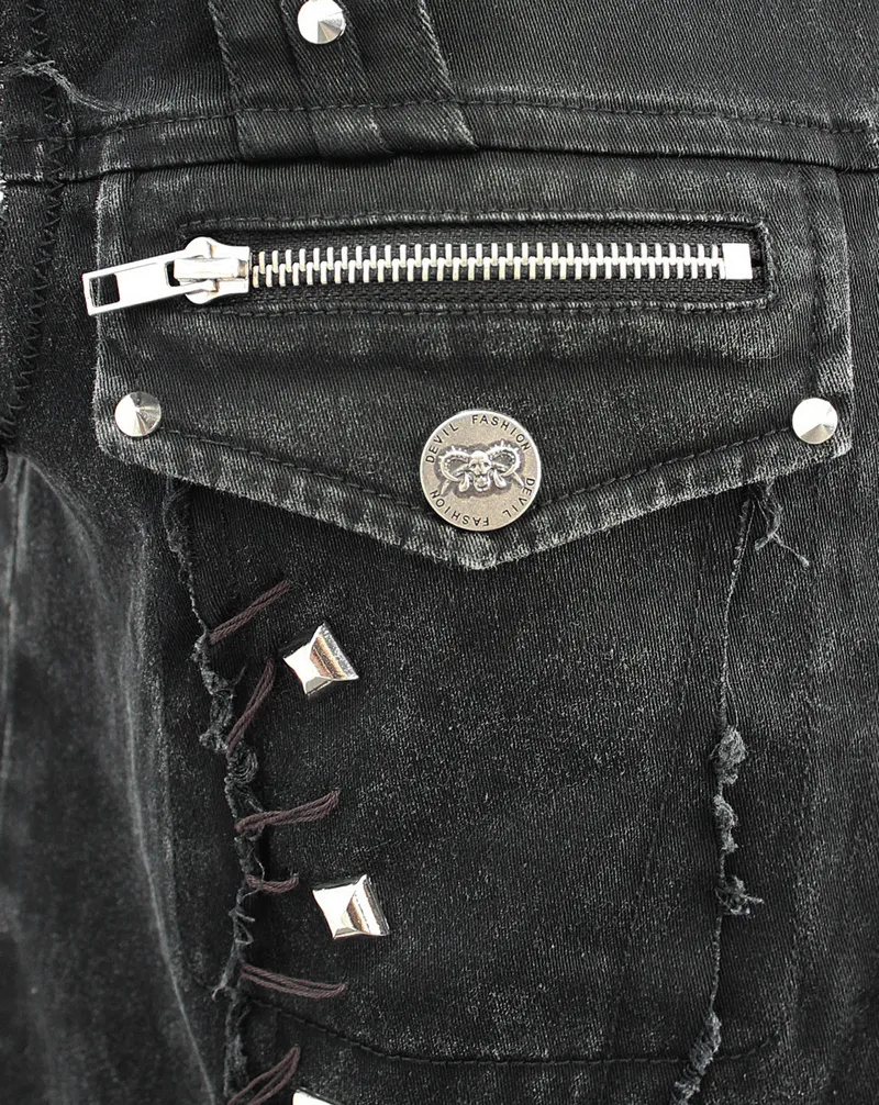 Punk Denim Sleeveless Vest with Pockets / Black Buttons Waistcoat in Alternative Style