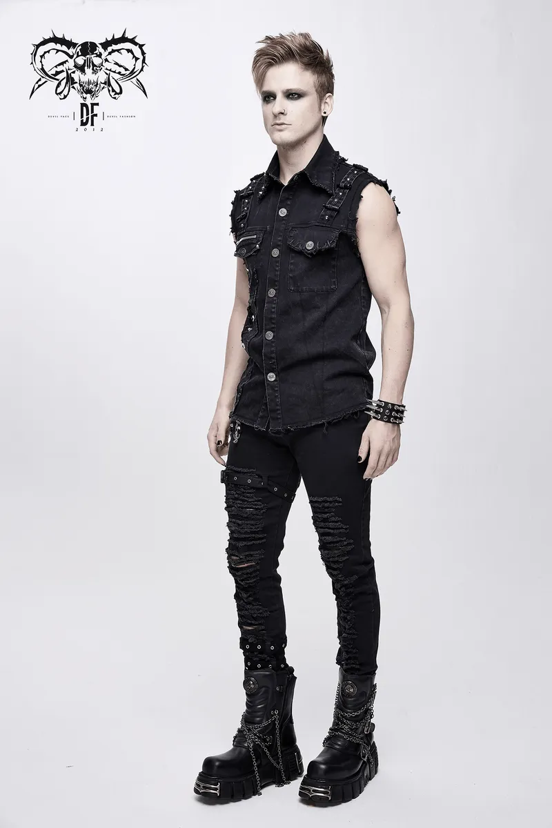 Punk Denim Sleeveless Vest with Pockets / Black Buttons Waistcoat in Alternative Style