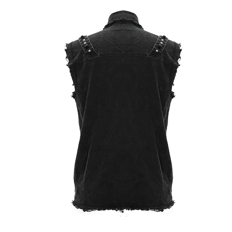 Punk Denim Sleeveless Vest with Pockets / Black Buttons Waistcoat in Alternative Style