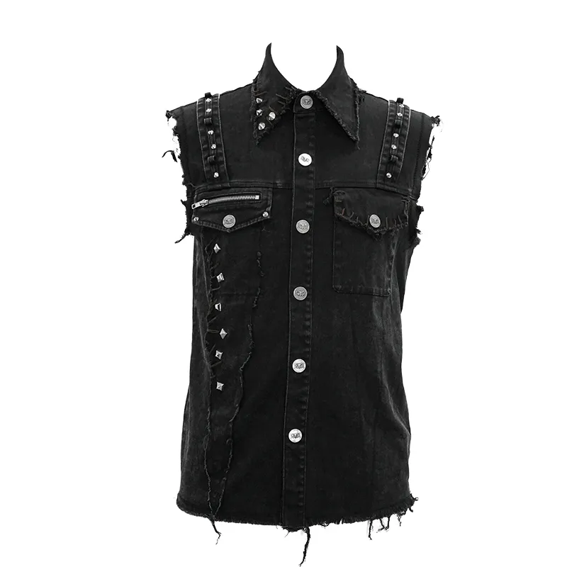 Punk Denim Sleeveless Vest with Pockets / Black Buttons Waistcoat in Alternative Style
